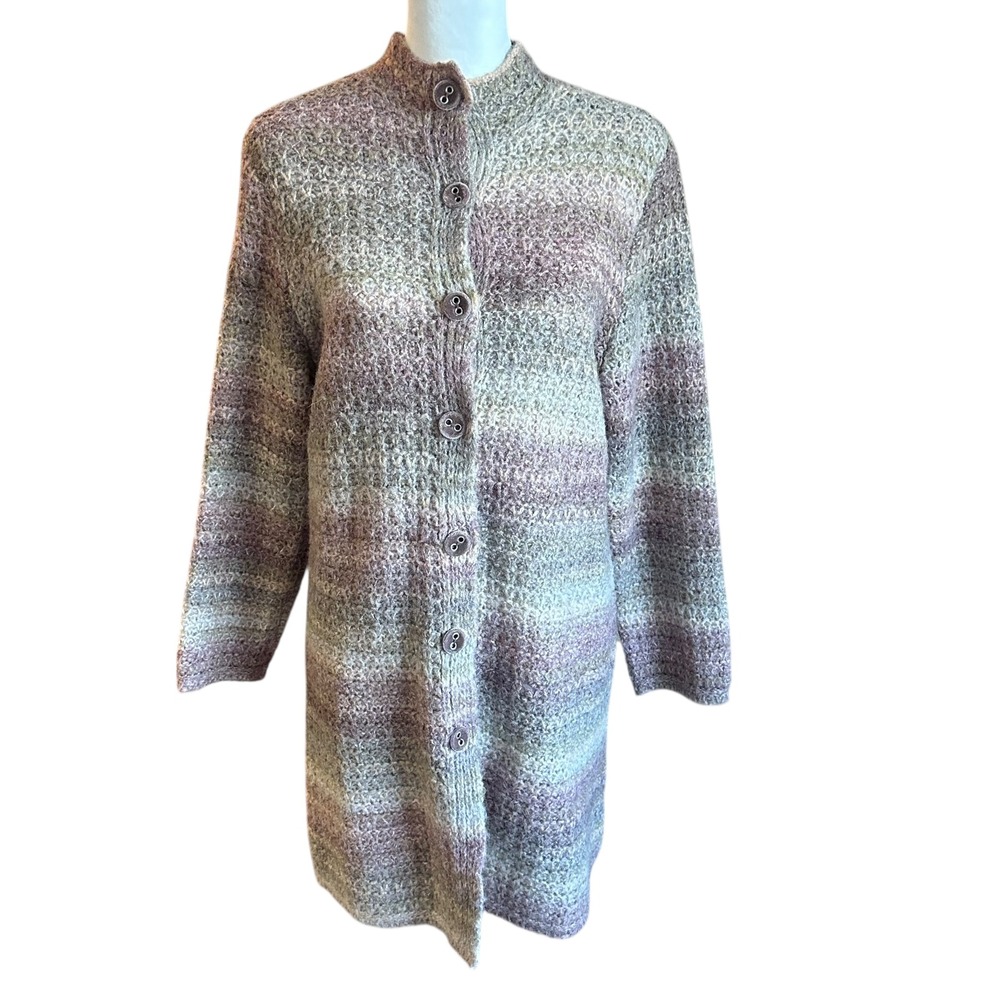 J. Jill Cardigan Women's M Mauve Cream Striped Wool Alpaca Blend Long‎ Sweater